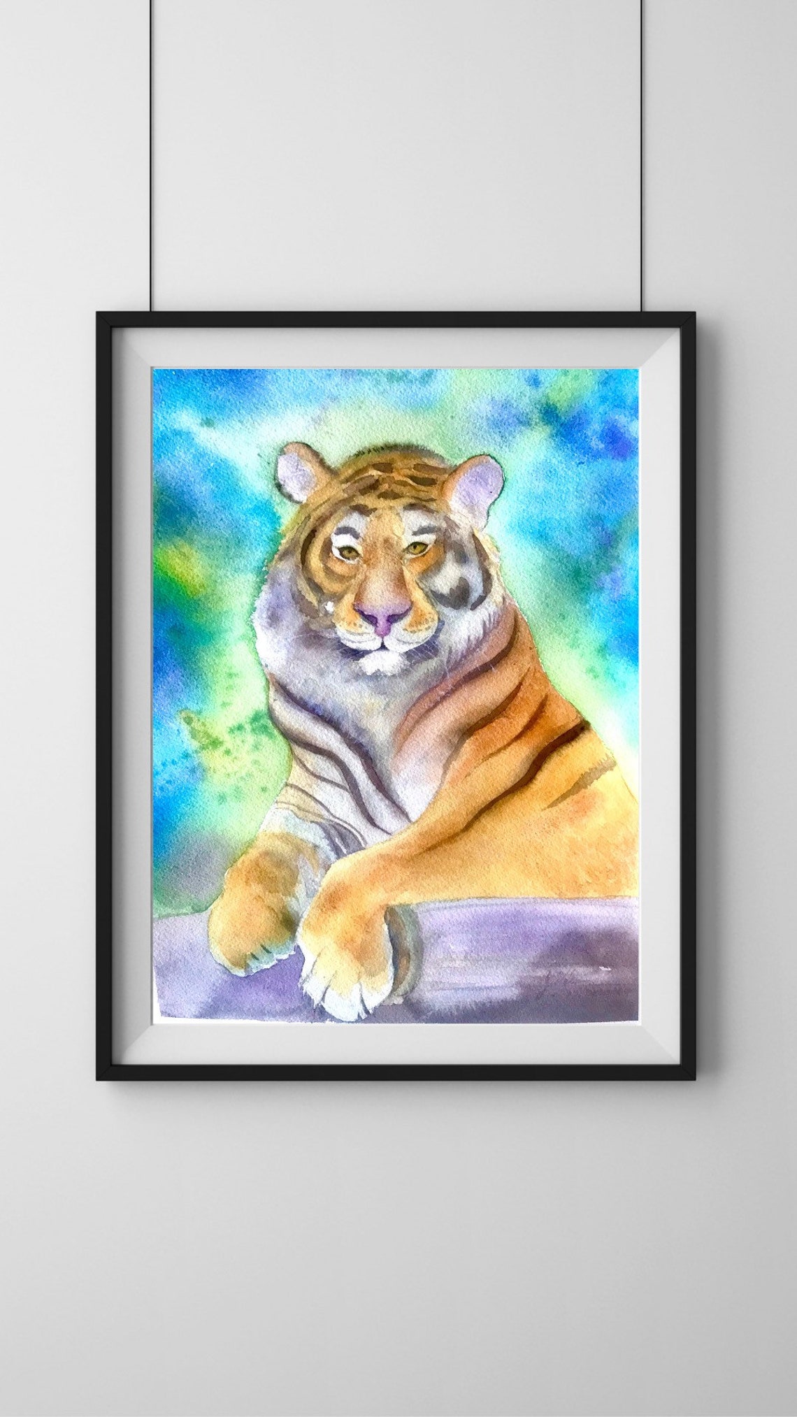 Majestic Tiger Resting Against a Blue Green Wash Watercolor Poster - Image 6