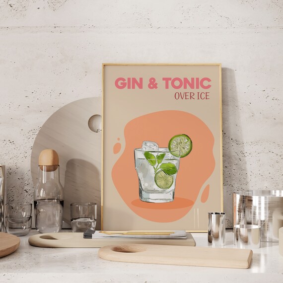 Gin And Tonic Over Ice Lime Retro Cocktail Bar Cart Wall Art