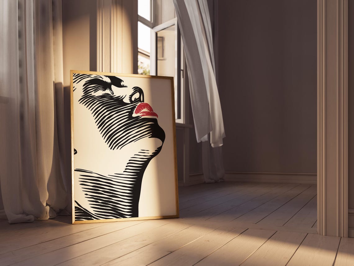 Woman Face Red Lips Striped Black Line Art Bold Modern Portrait Print - Image 2
