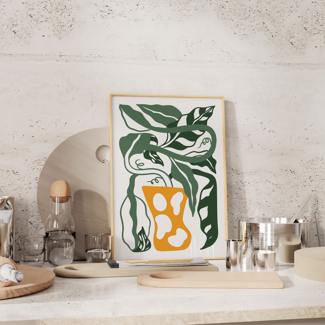 Tropical Green Leaves Abstract Orange Vase Boho Botanical Art Poster - Image 2
