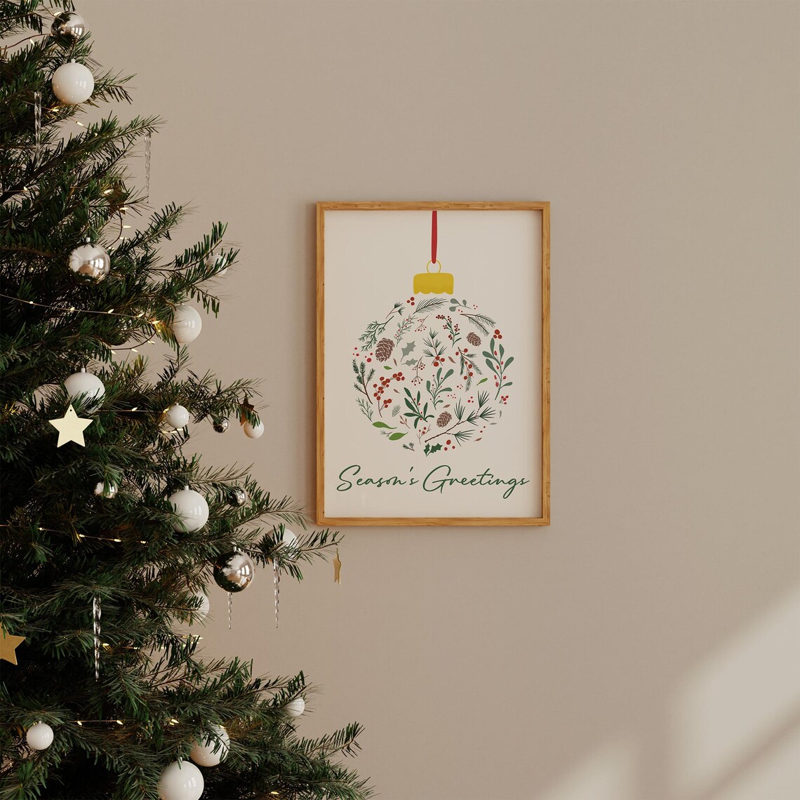 Season's Greetings Botanical Ornament Bauble Green Holiday Wall Print