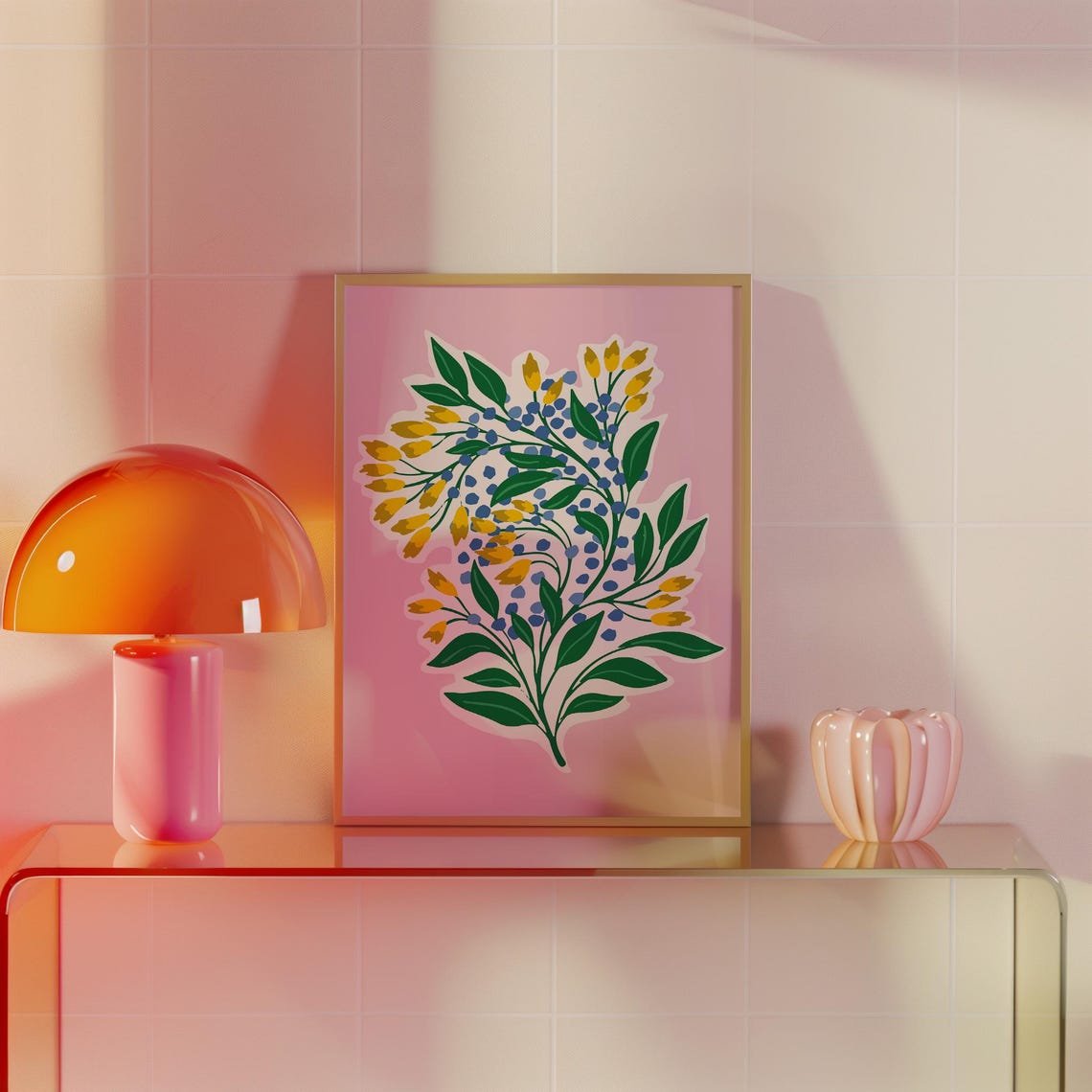 Yellow Buds Blue Berries Spring Botanical Pink Background Wall Art - Image 3