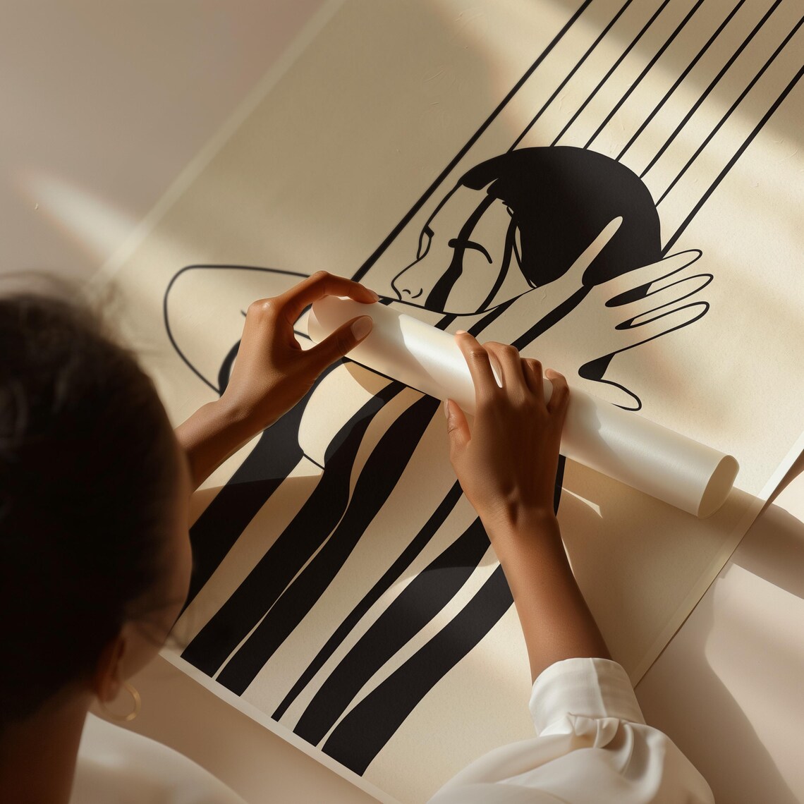 Abstract Woman Silhouette Black White Striped Line Art Modern Decor Poster - Image 3