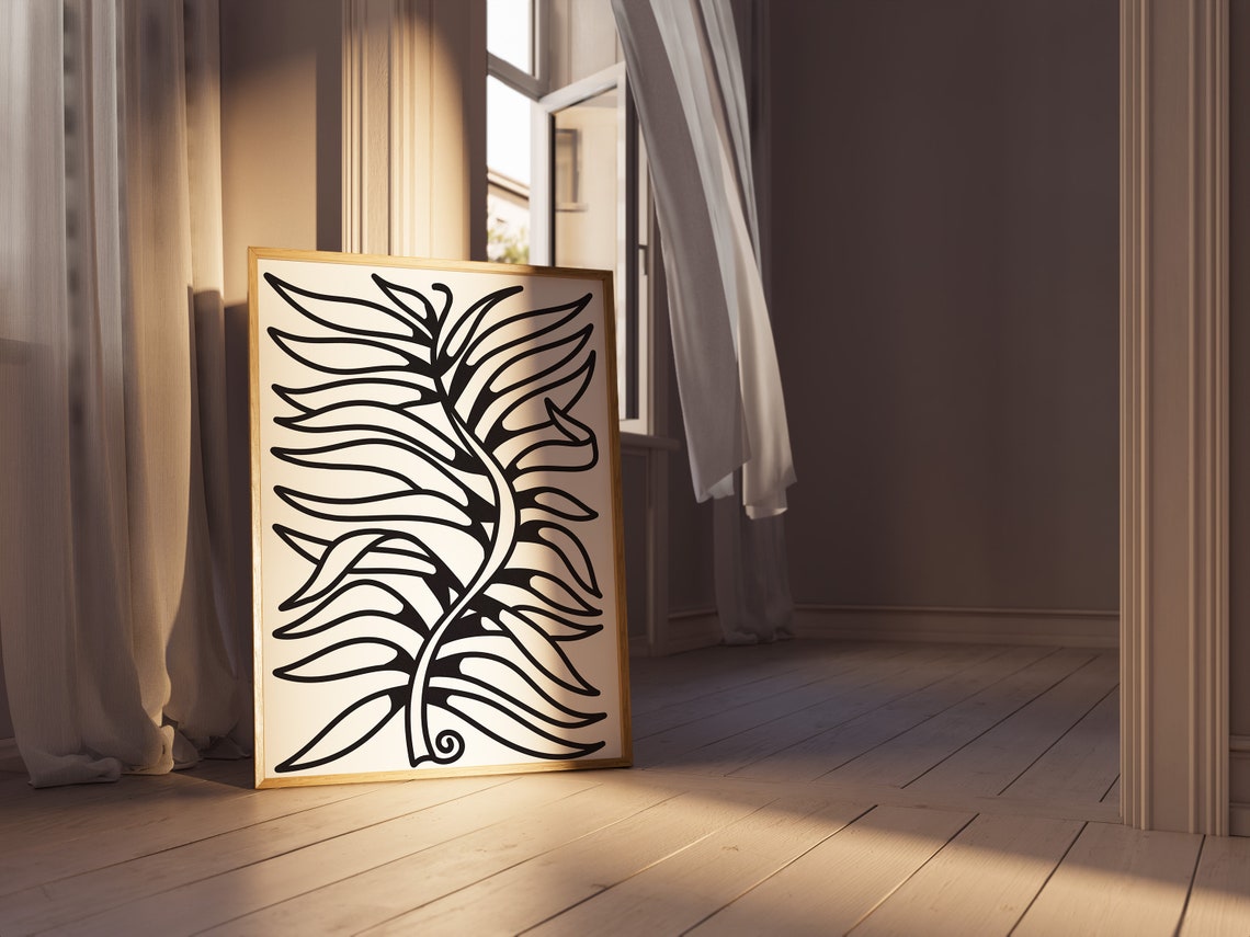 Minimalist Black Line Art Leaf Branch Mid Century Botanical Poster - Image 2