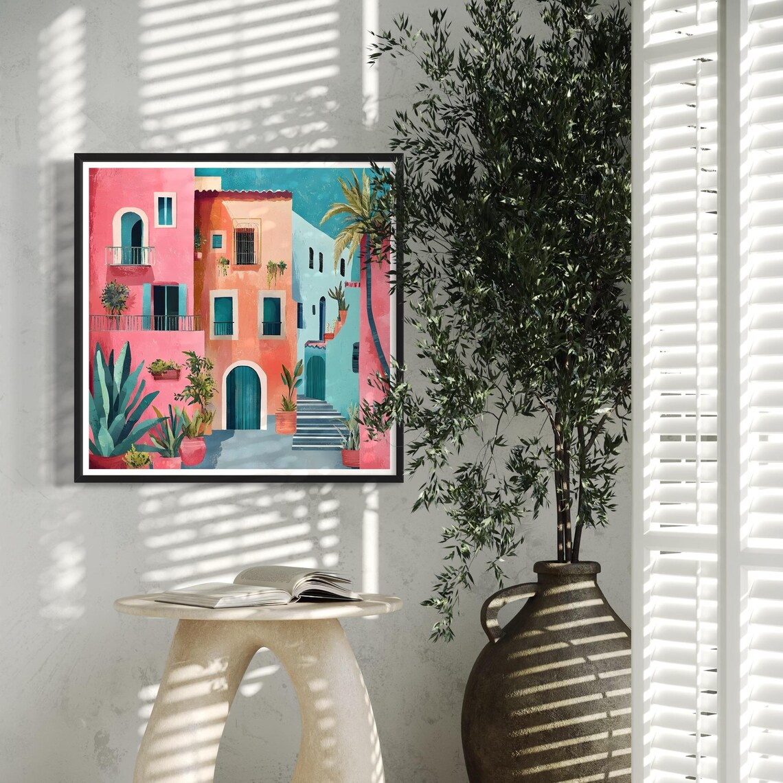 Mediterranean Town Art Print, Rustic Floral Courtyard - Image 4