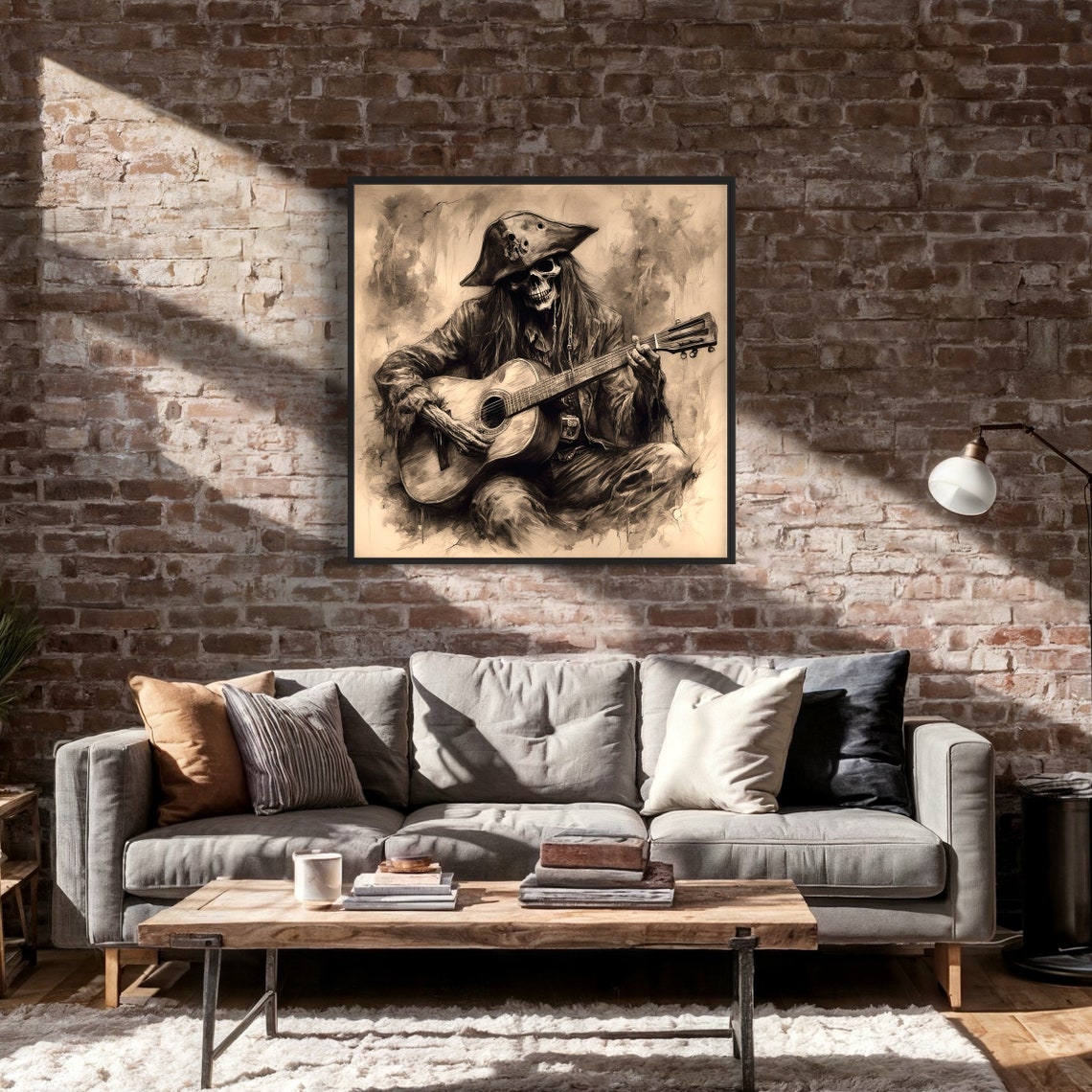 Pirate Skeleton Playing Guitar Sepia Charcoal Drawing Music Art Print - Image 4