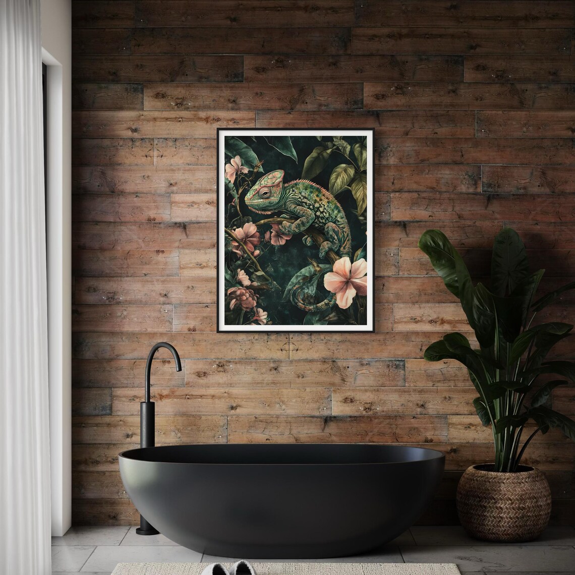 Chameleon Tropical Jungle Branch Pink Floral Vintage Wildlife Poster - Image 4