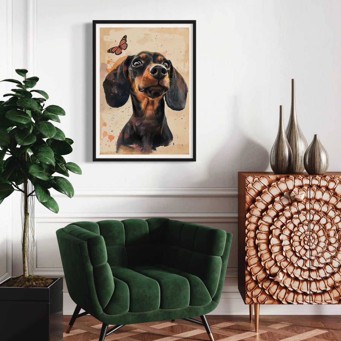 Black Tan Dachshund Watching Monarch Butterfly Cute Dog Art Print - Image 3