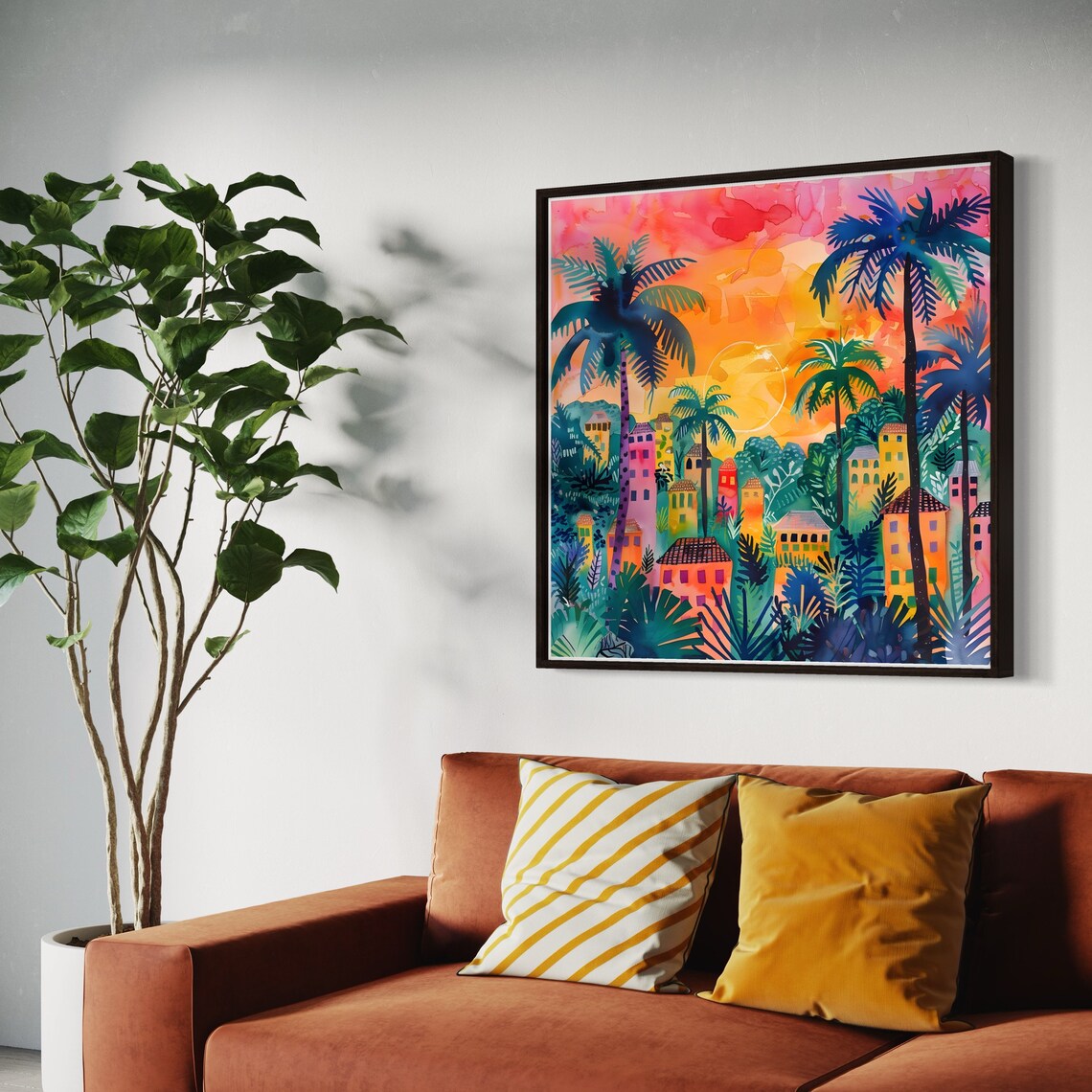 Tropical Village Sunset Palm Trees Vibrant Watercolor Island Poster - Image 4