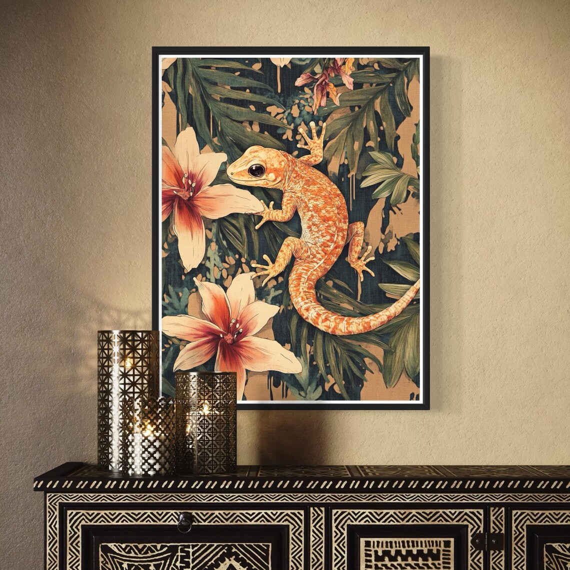 Orange Gecko Tropical Lily Flowers Vintage Wildlife Reptile Art Print - Image 4