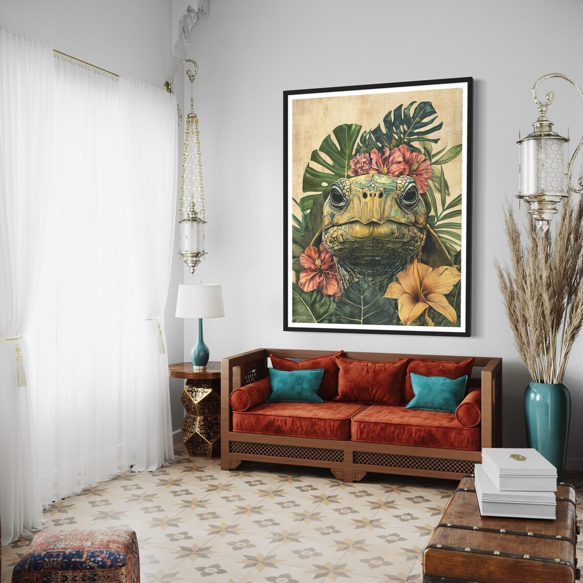 Tortoise With Monstera & Hibiscus, Tropical Art Print - Image 2