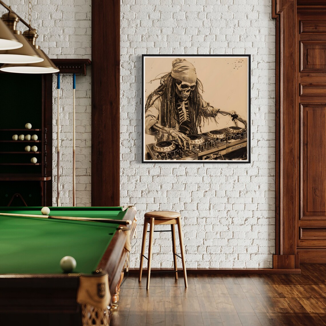 Pirate Skeleton DJ Mixing Decks Sepia Charcoal Drawing Fun Music Poster - Image 4