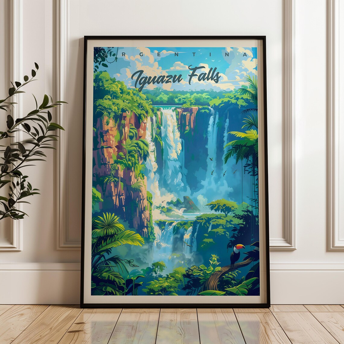 Iguazu Falls Jungle Waterfall with a Toucan Argentina Travel Poster