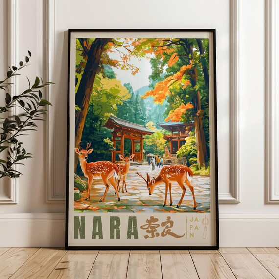 Nara Park Travel Poster, Bowing Deer Illustration