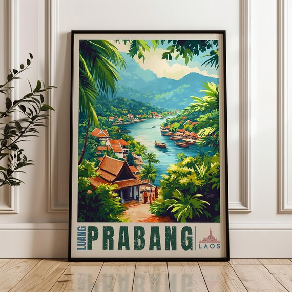 Luang Prabang Travel Poster, Laos Temple Art