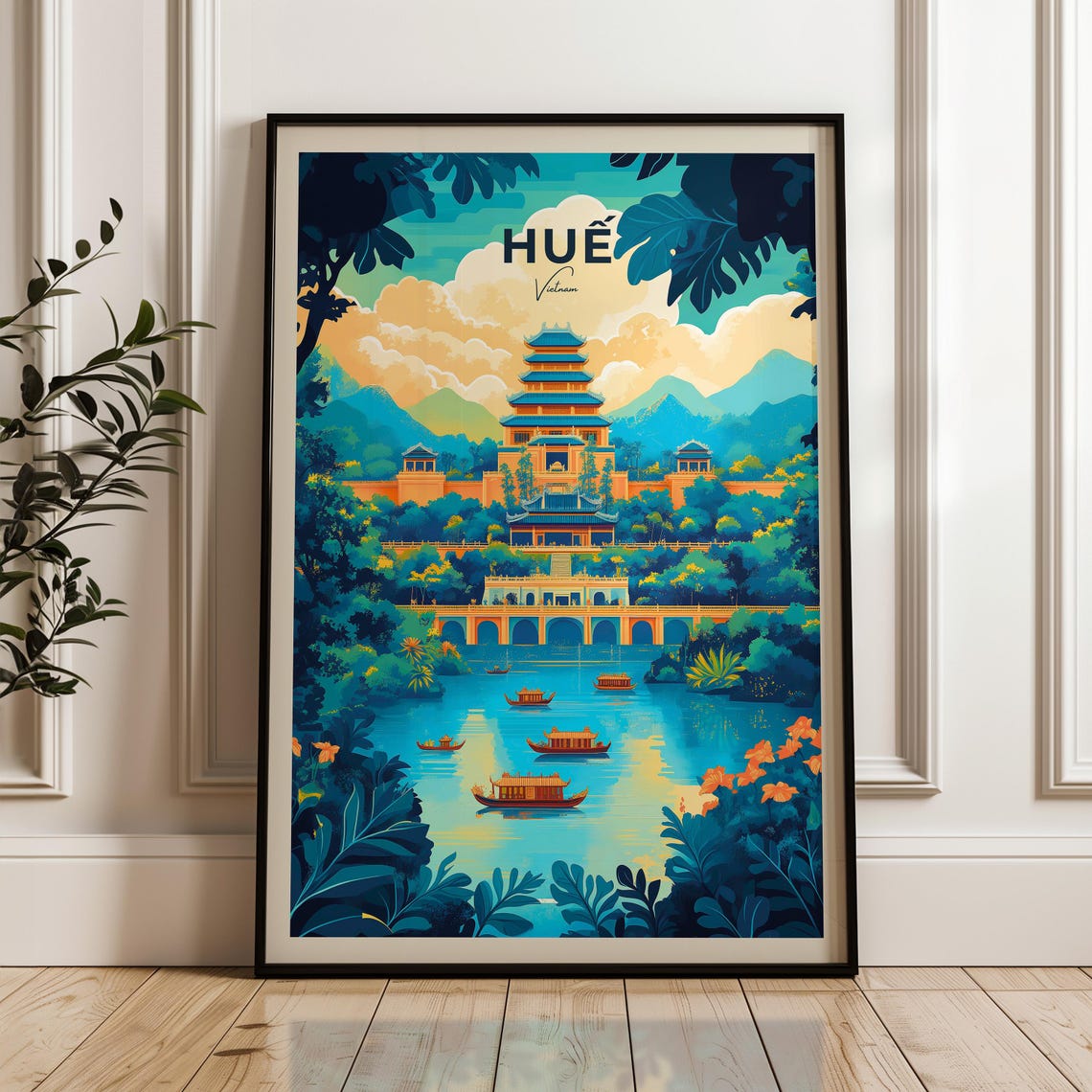 Hue Imperial Pagoda on the Perfume River with Boats Vietnam Poster