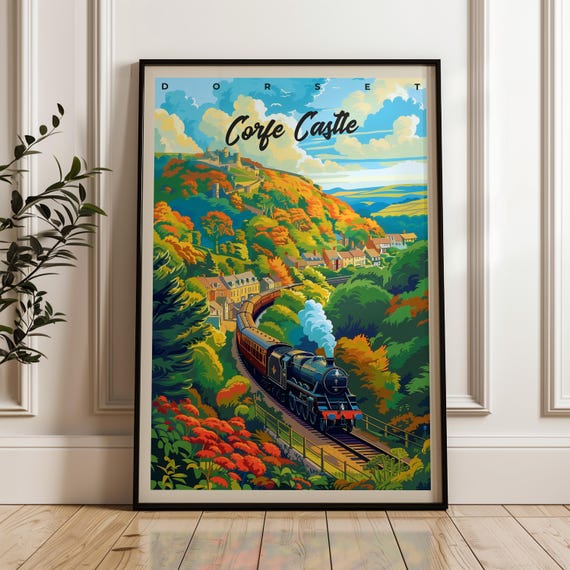 Corfe Castle Travel Poster Uk Wall Art Print Steam Train Illustration Poster Home Decor Gift Idea England Travel Print Dorset Poster