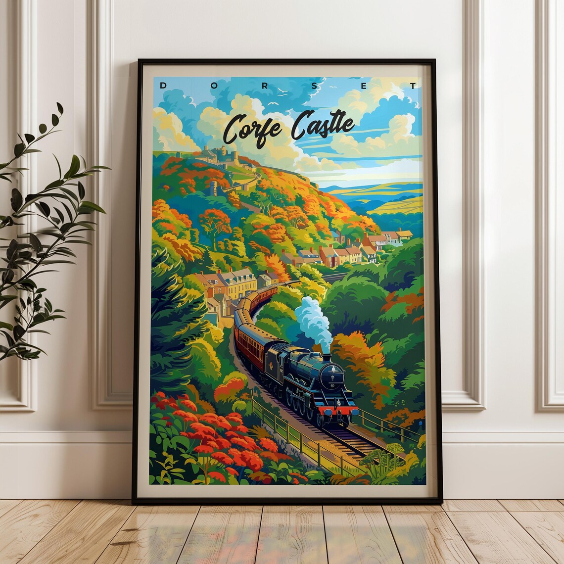 Corfe Castle Dorset Steam Train Village Autumn Woodland Poster