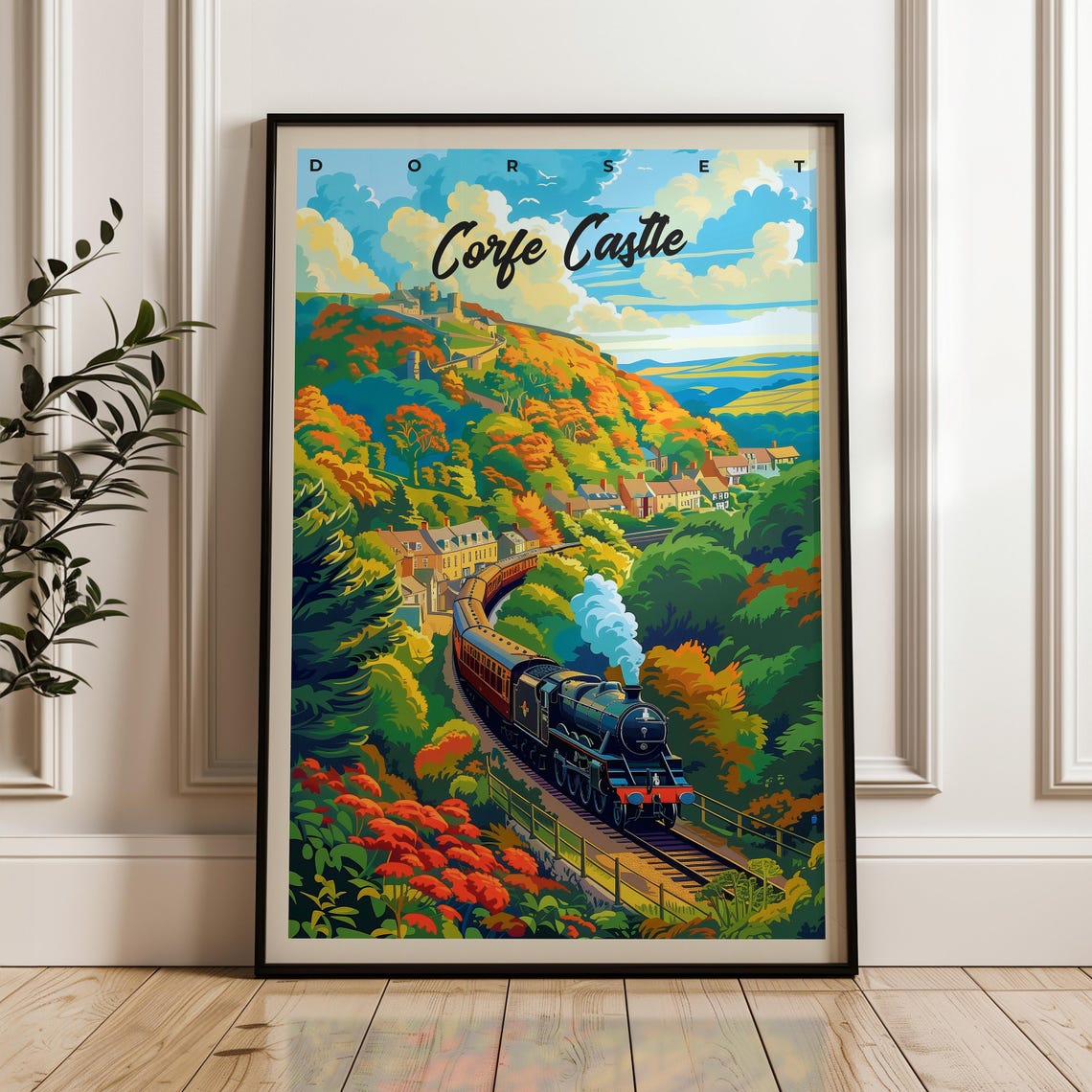 Corfe Castle Travel Poster Uk Wall Art Print Steam Train Illustration Poster Home Decor Gift Idea England Travel Print Dorset Poster