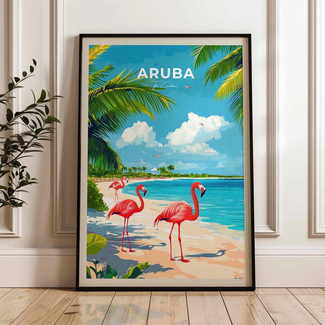 Aruba Caribbean Pink Flamingo Beach Palms Vintage Travel Poster