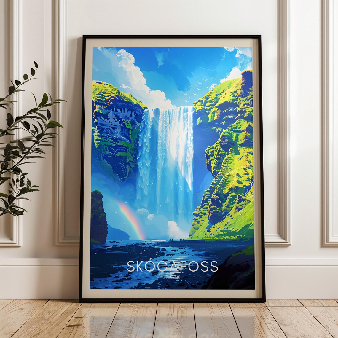 Skogafoss Iceland Travel Poster, Waterfall Print