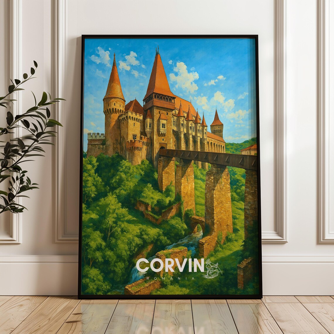 Corvin Castle Romania Travel Poster Hunedoara Illustration Art