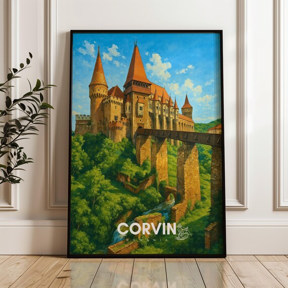 Corvin Castle Romania Travel Poster Hunedoara Illustration Art