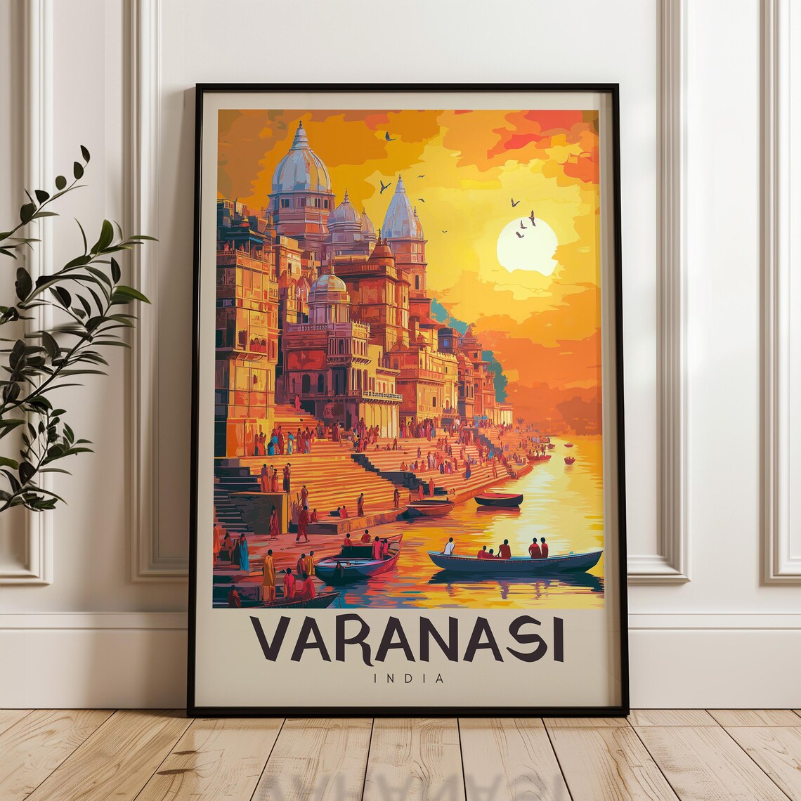 Varanasi Ganges River Ghats At Sunset Temples India Travel Poster