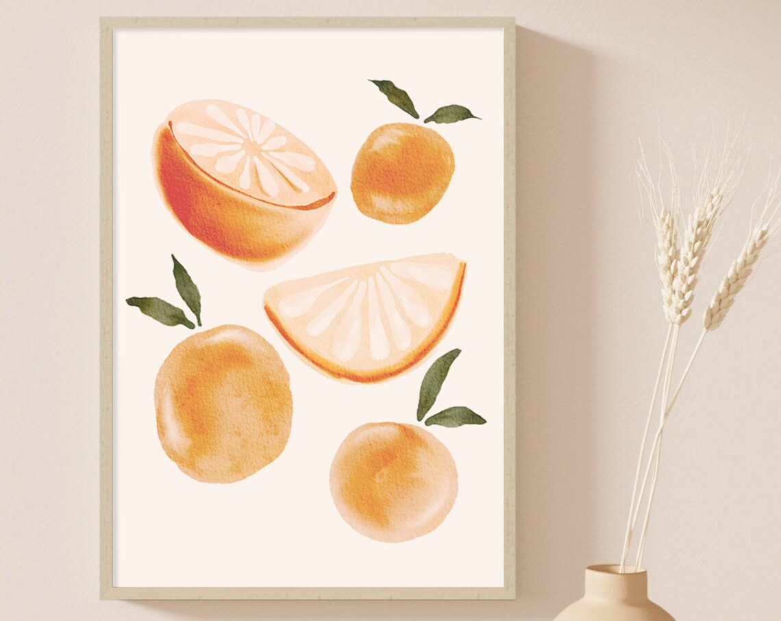 Watercolor Oranges Slices And Leaves Citrus Fruit Kitchen Art Poster