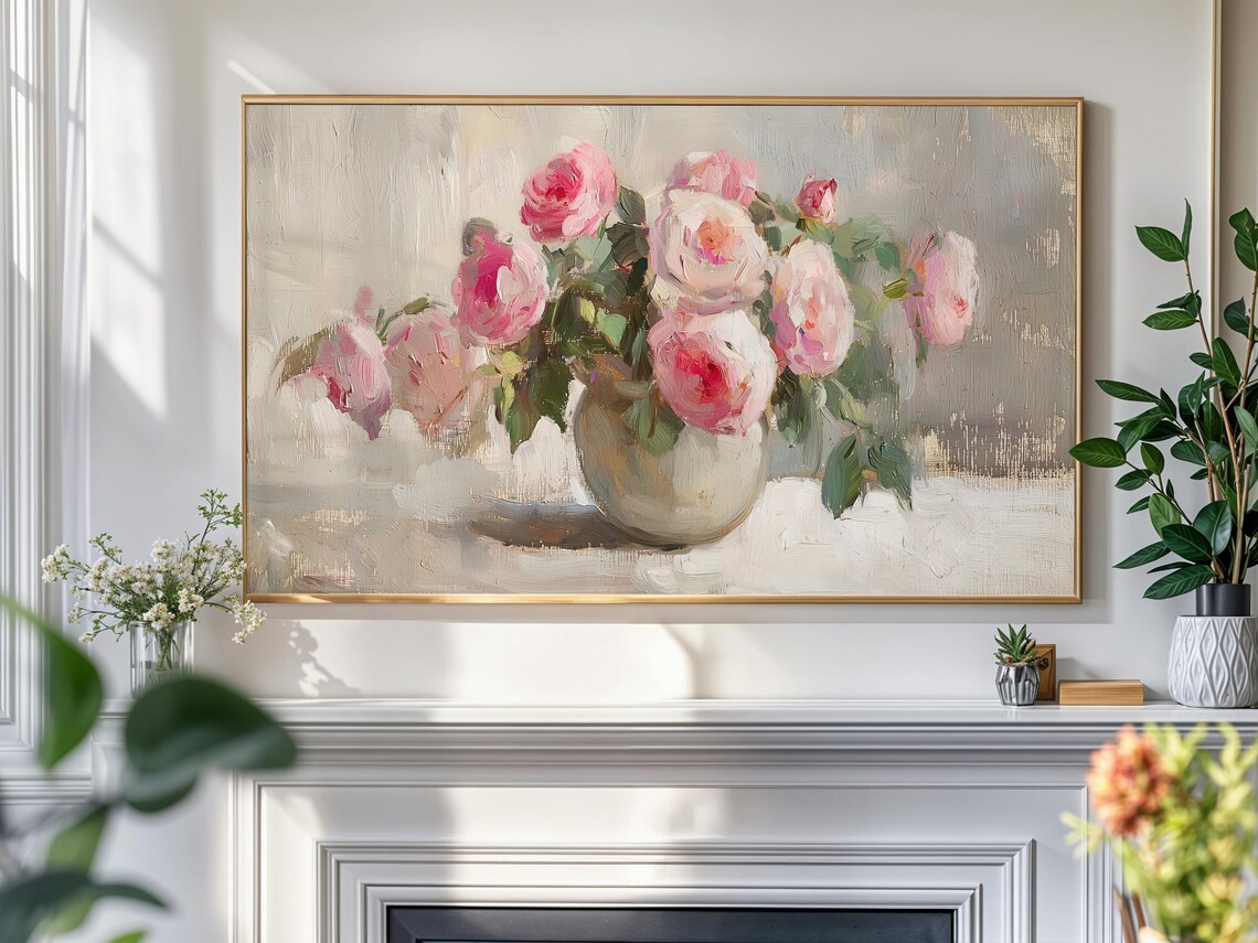 Pink Roses Cream Vase Soft Neutral Vintage Shabby Chic Floral Poster - Image 4
