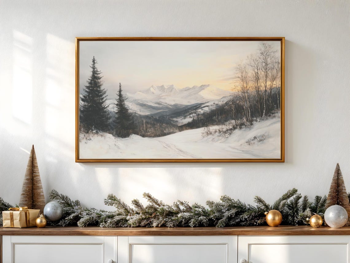 Winter Snowy Mountain Sunset Vintage Landscape Painting Art Print