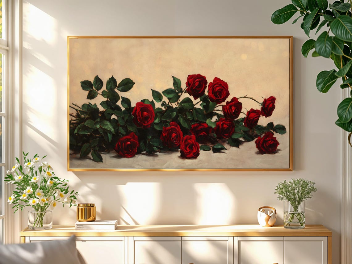 Red Rose Branches Light Neutral Vintage Floral Still Life Poster - Image 2