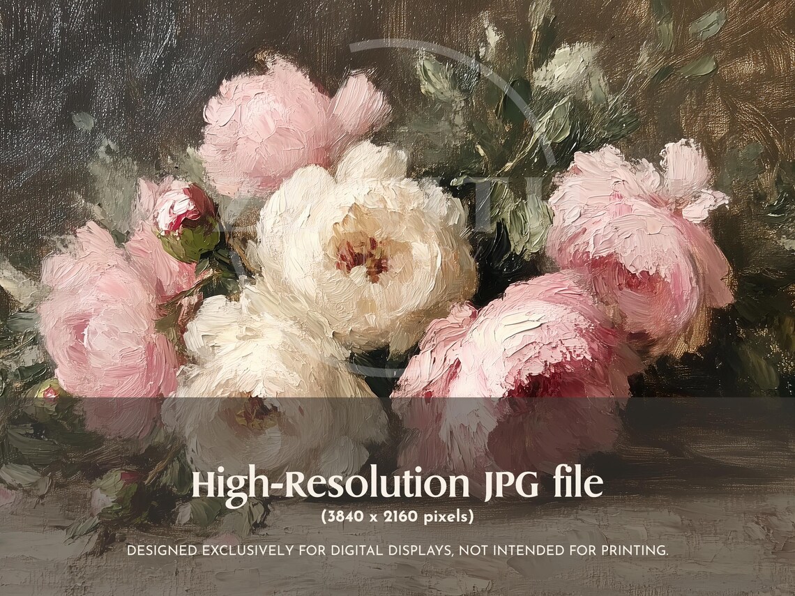 Pink White Peonies Dark Moody Vintage Floral Bouquet Art Poster - Image 3