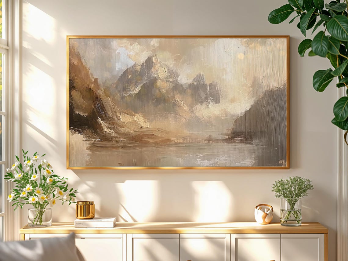 Misty Mountain Lake Brown Neutral Moody Vintage Landscape Poster - Image 2