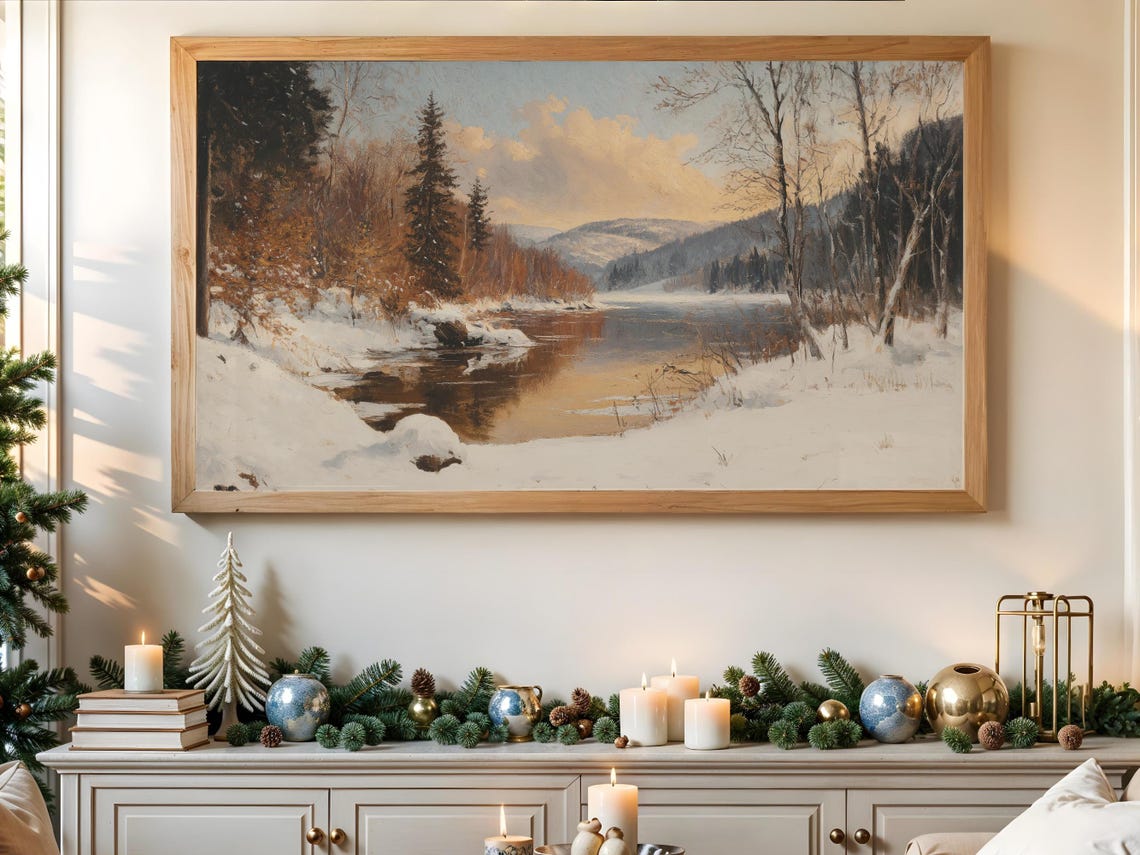 Snowy Winter River Bend Among Pines And Birches Sunset Glow Poster - Image 3