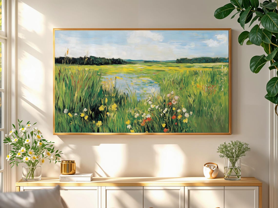 Spring Wildflower Meadow Stream Vintage Landscape Painting Print - Image 2