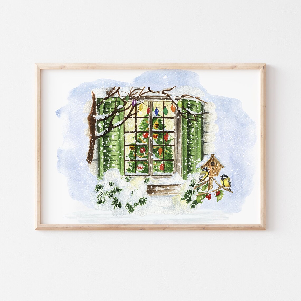 Cozy Christmas Window Watercolor Snowy Holiday Farmhouse Scene Poster