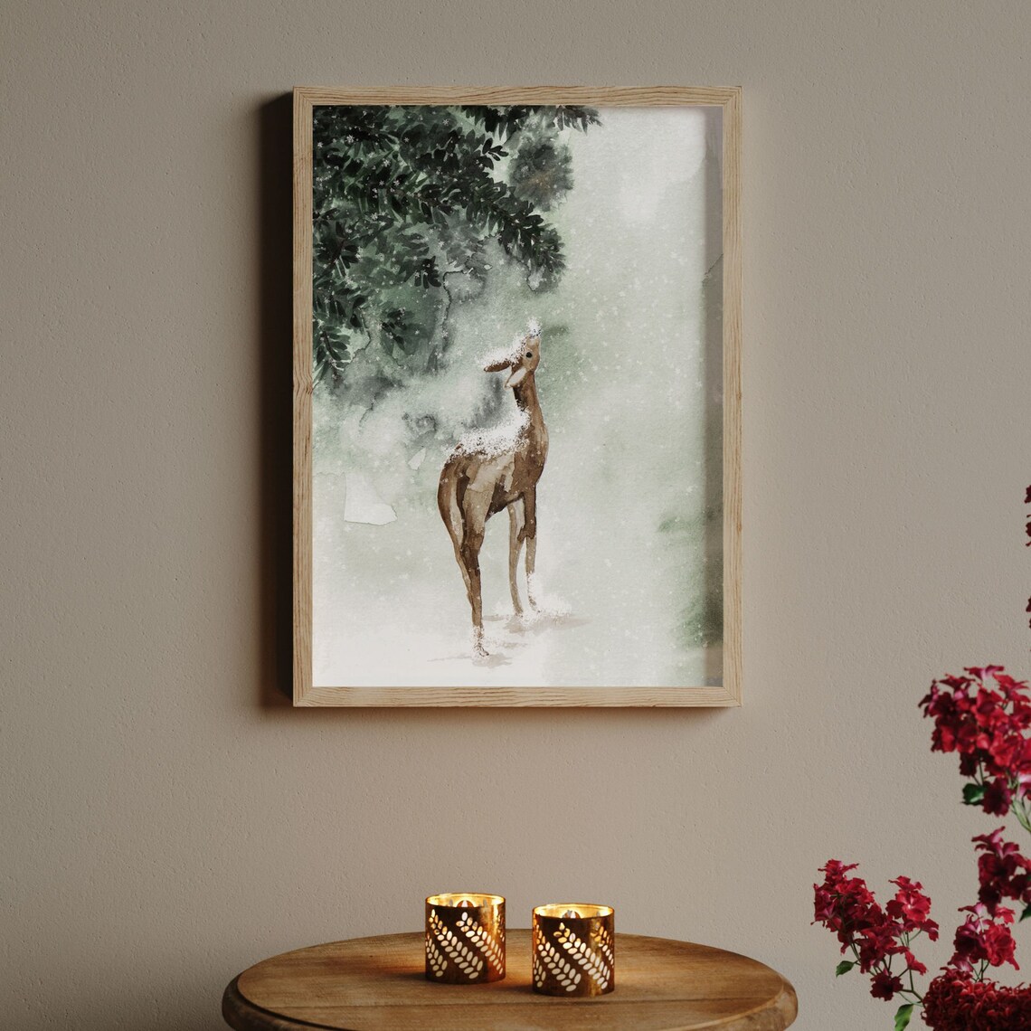 Winter Deer In Snow Watercolor Painting Holiday Forest Scene Poster