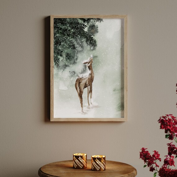 Winter Deer In Snow Watercolor Painting Holiday Forest Scene Poster