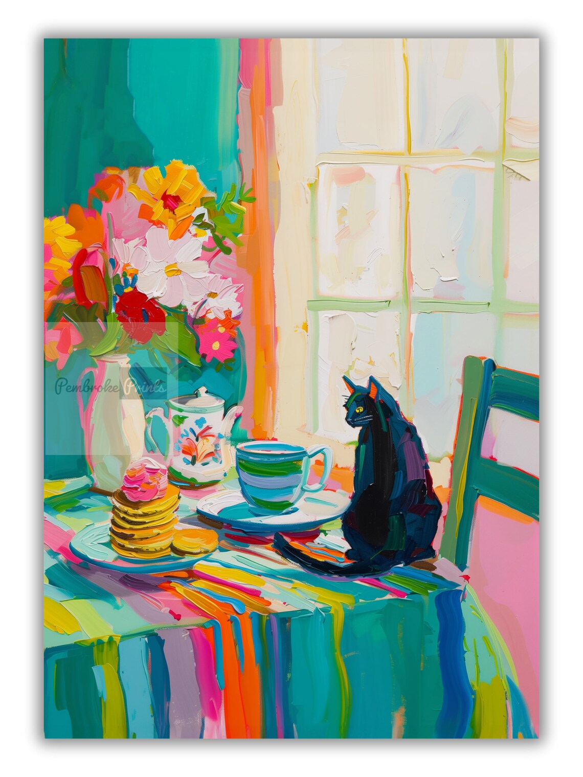 Black Cat At Breakfast Table, Matisse-Inspired Art Print - Image 3