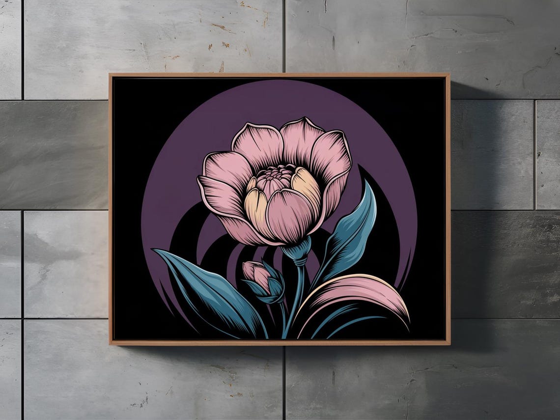 Pink Bloom With Teal Leaves Dark Graphic Botanical Art Poster