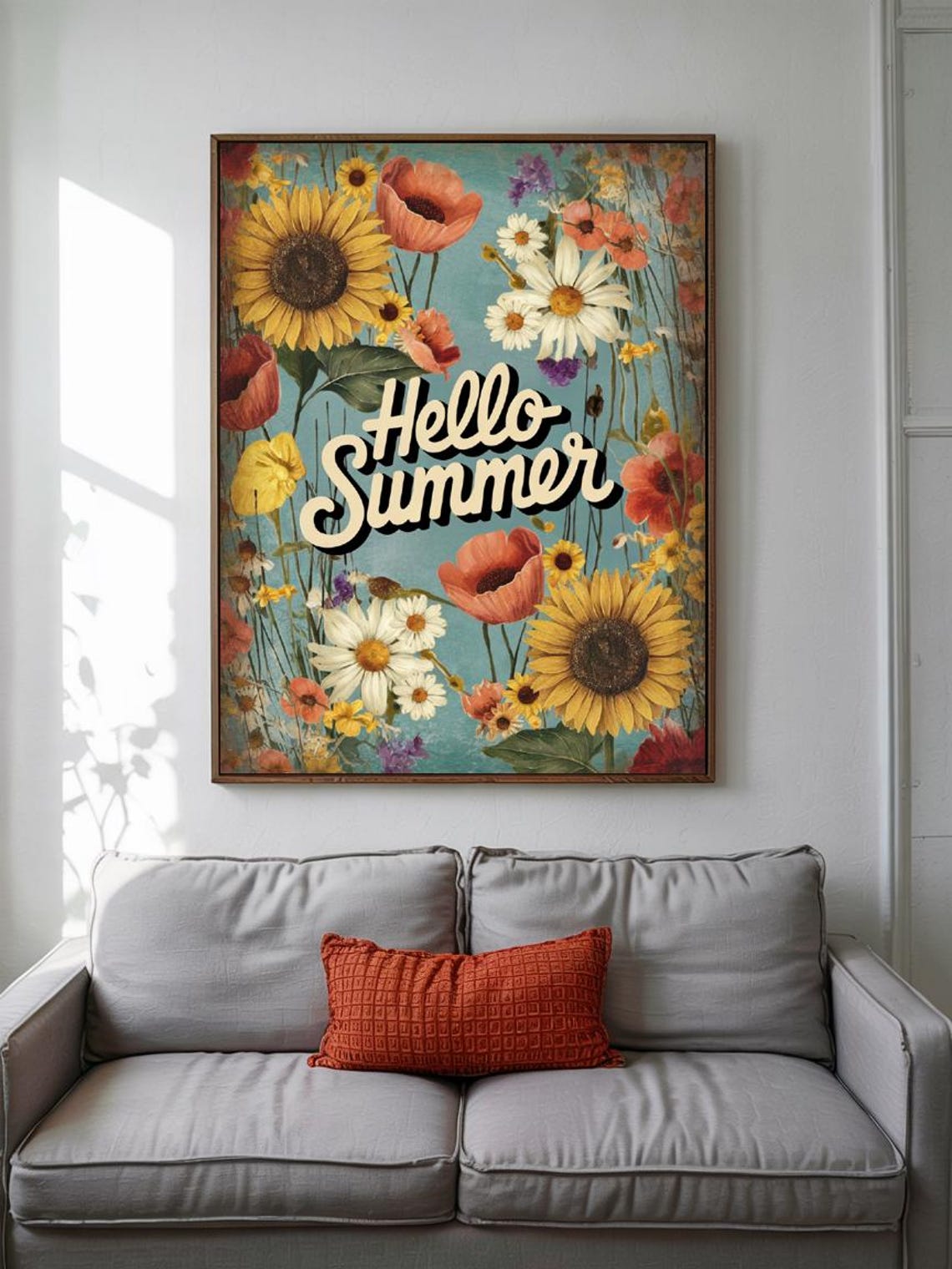 Hello Summer Retro Wildflower Field Teal Vintage Typography Poster - Image 3