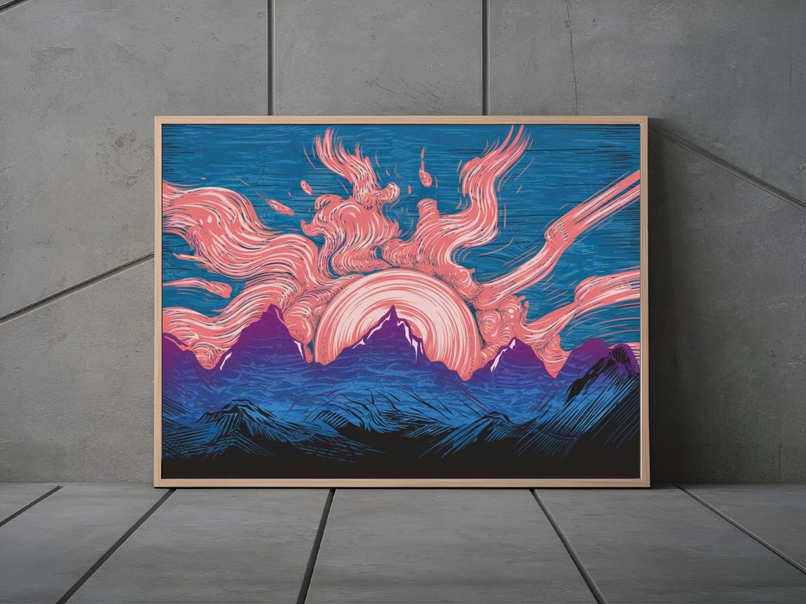 Mountain Peaks Sunrise With Pink Sky Flames Blue Woodcut Poster - Image 2