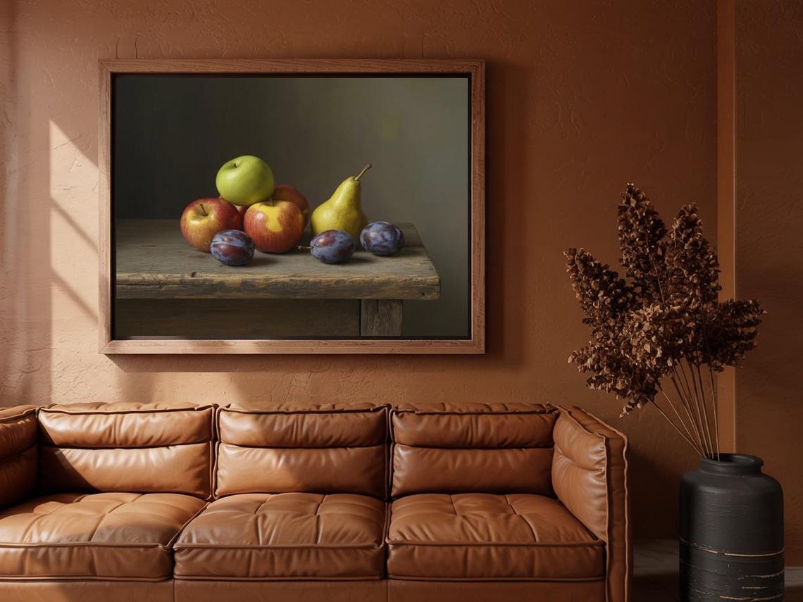 Classic Fruit Still Life Apples Pears Plums Wooden Table Poster - Image 3