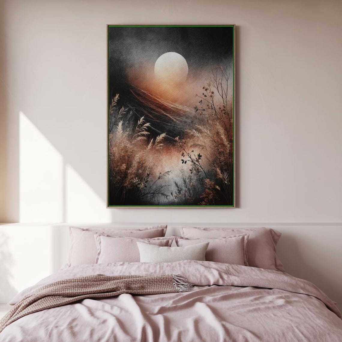 Full Moon Misty Marsh Night Grasses Moody Landscape Art Poster