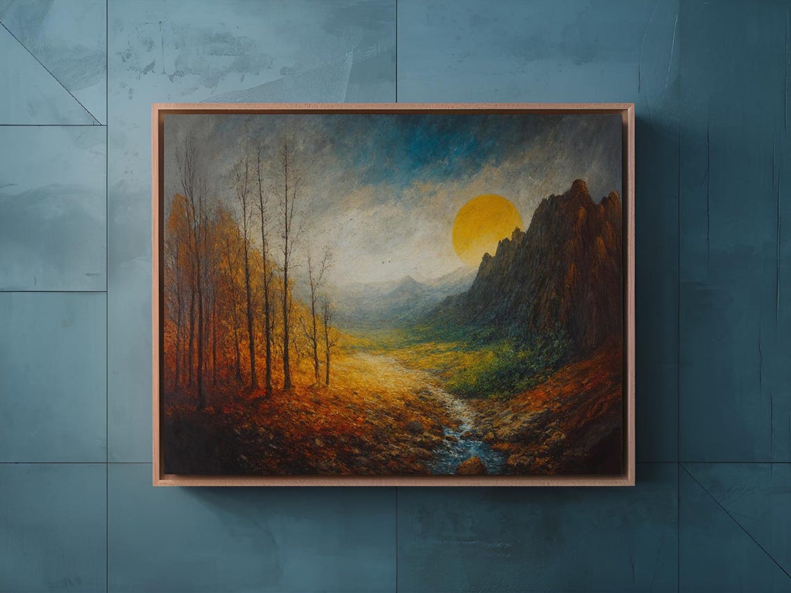 Autumn Valley With Golden Sun Rocky Peaks and Bare Trees Poster - Image 2