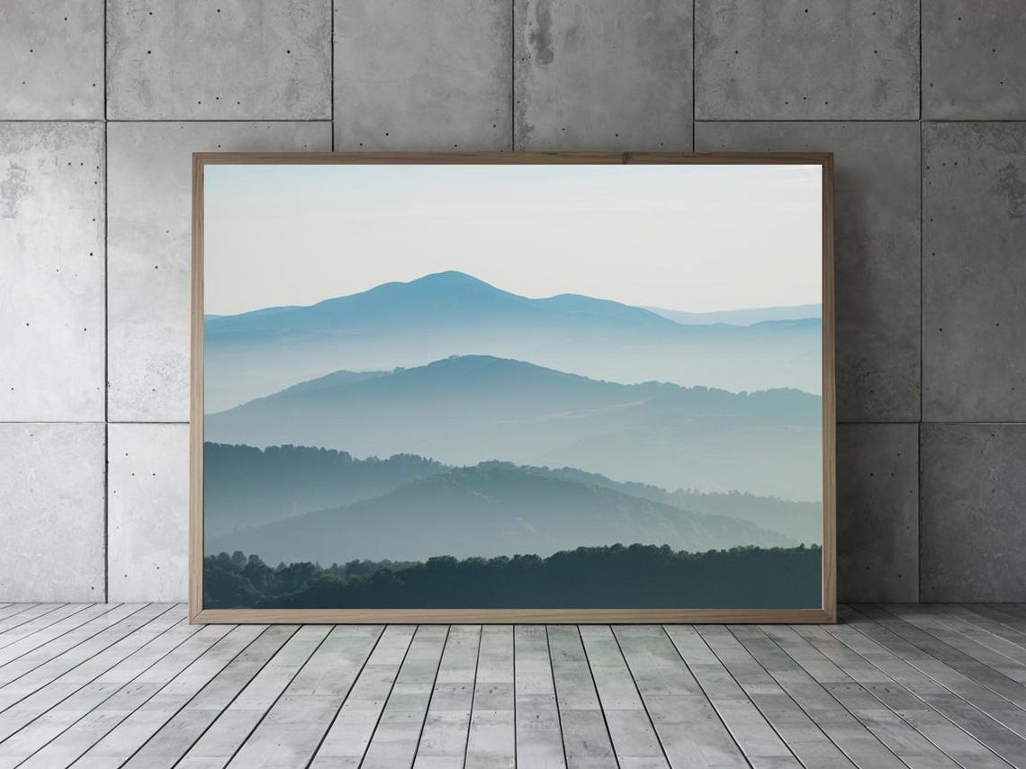 Blue Mountain Layers Wall Art Misty Landscape Print Tranquil Nature Poster Serene Decor
