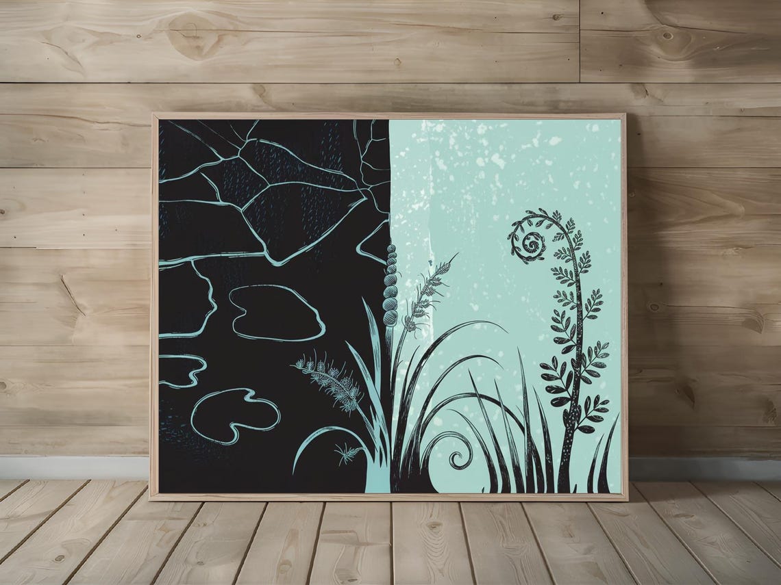 Cracked Ice Fern Fronds Split Black Teal Botanical Nature Poster - Image 3