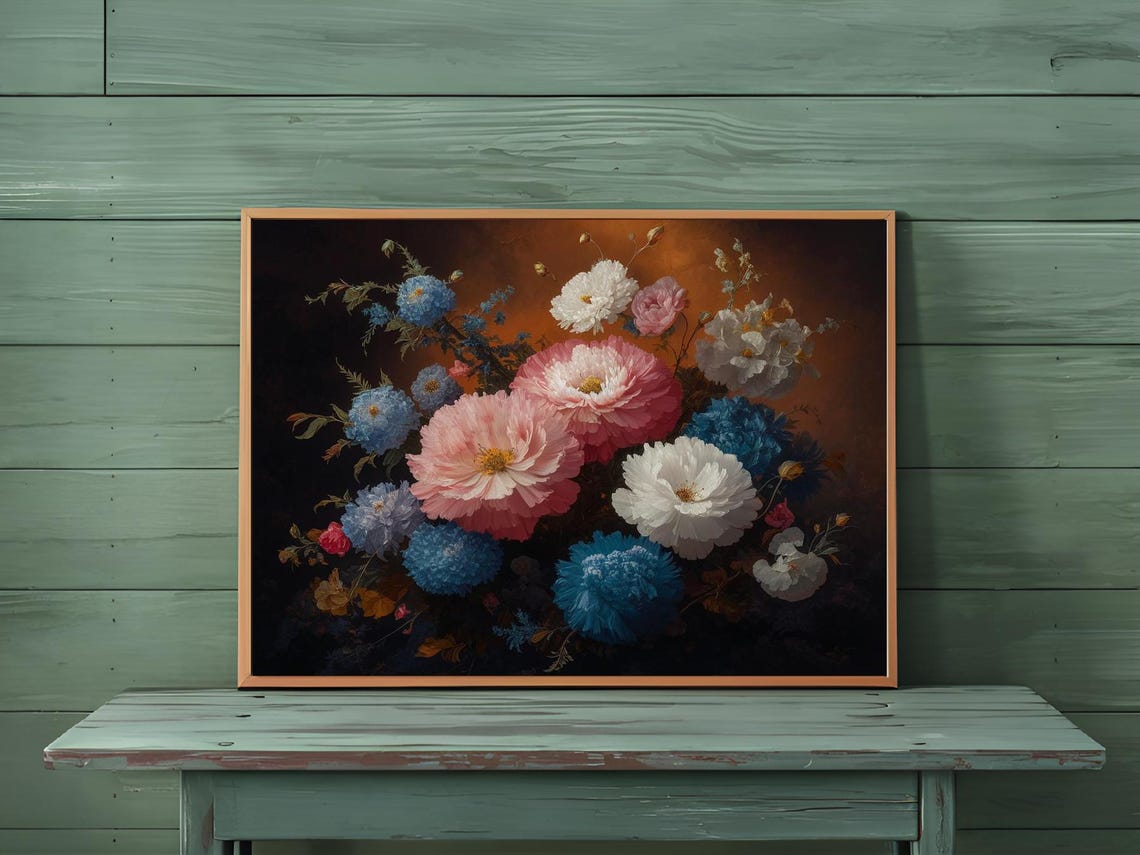 Vibrant Pink Blue and White Flower Bouquet Still Life Poster - Image 2