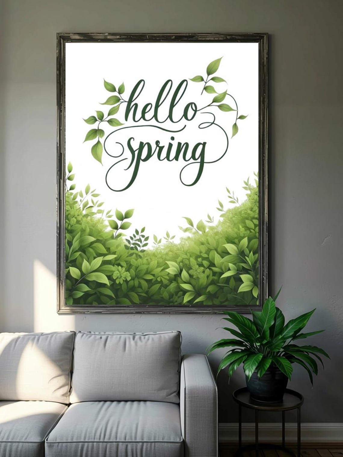 Hello Spring Green Calligraphy Leafy Branches Botanical Decor Print - Image 3